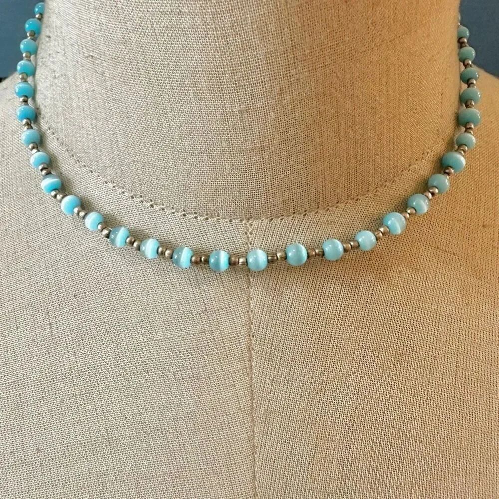 Blue cat eye silver plated choker necklace